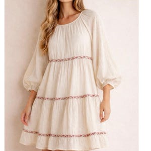 Anthropologie Cream Peasant Dress Embroidered Tiered Boho Cottage Prairie Size S image 1