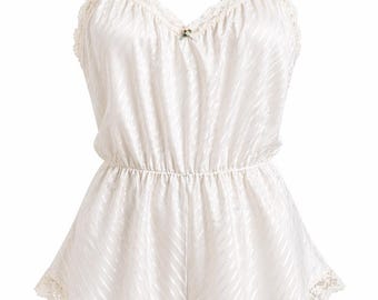 Vintage Van Raalte Ivory Lace Trim Teddy Romper Satin USA Size L retro