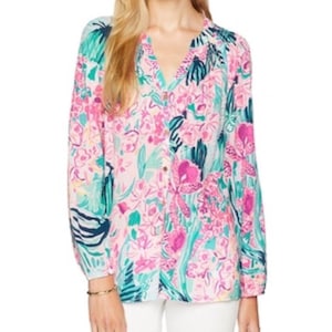 Lilly Pulitzer Elsa Blouse Pink Teal Floral Silk Rayon Button Front XS top image 1
