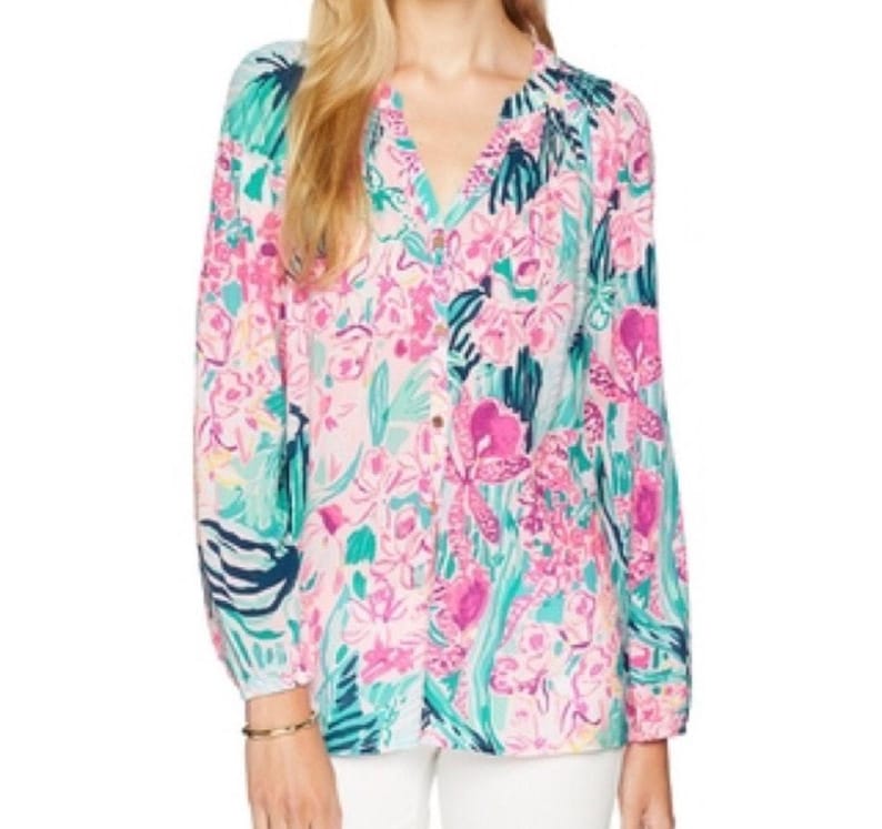 Lilly Pulitzer Elsa Blouse Pink Teal Floral Silk Rayon Button Front XS top image 1