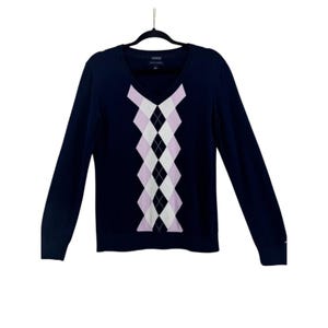 Tommy Hilfiger Women&#39;s Classic V-neck Argyle blue long sleeve Sweater sz Medium