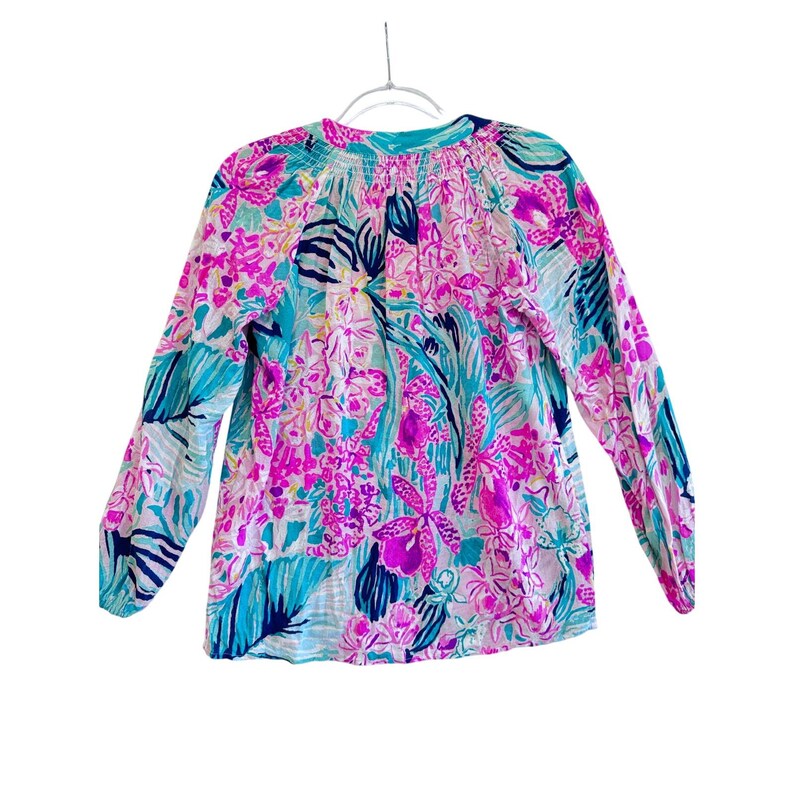 Lilly Pulitzer Elsa Blouse Pink Teal Floral Silk Rayon Button Front XS top image 3