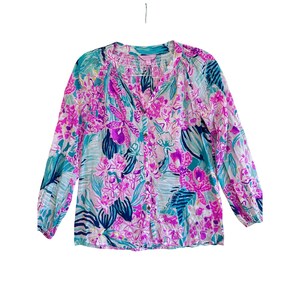 Lilly Pulitzer Elsa Blouse Pink Teal Floral Silk Rayon Button Front XS top image 2
