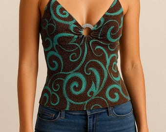 Y2K Brown Aqua Swirl Print Ring Detail Cami Top Retro 2000s Style M