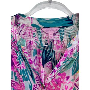 Lilly Pulitzer Elsa Blouse Pink Teal Floral Silk Rayon Button Front XS top image 6