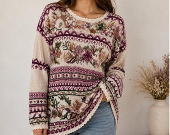 Vintage Heirloom Collectibles katoenen cottagecore-sweater met bloemen ramee M