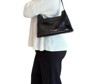 Vintage Guess Black Patent Leather Shoulder Bag Y2K Minimalist Baguette 90s