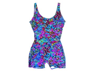 Vintage Gilda Marx Floral Swimsuit Romper Neon One Piece Shorts L tropical 90s