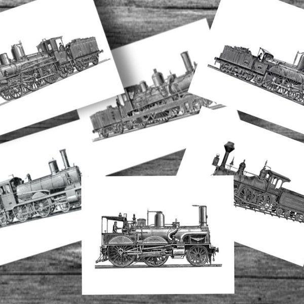 Train Vintage Locomotive Railroad Engine Stationery.  12 Cards on White Card Stock with White or Kraft Envelopes