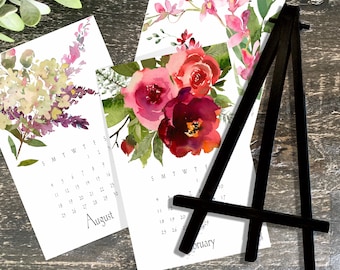 2024 Calendar Watercolor Floral Bouquet Available With or Without Black Wooden Display Easel 7" x 4.5" Desk or Wall Calendar