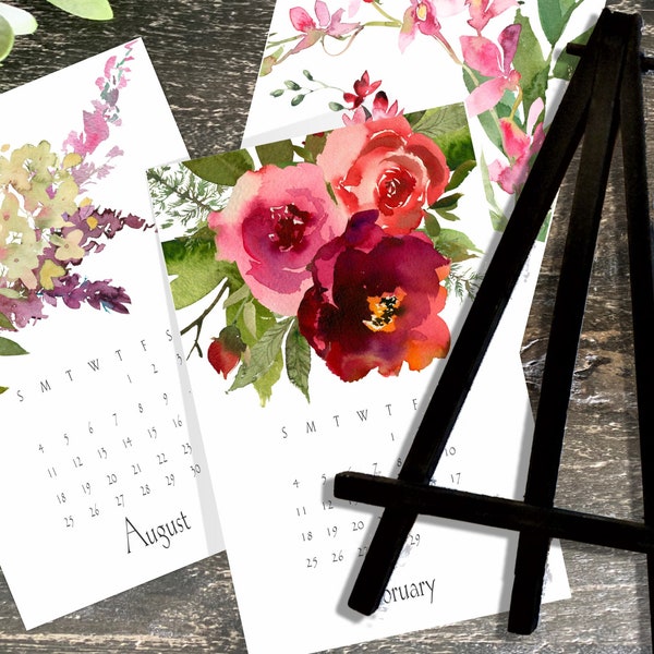 2024 Calendar Watercolor Floral Bouquet Available With or Without Black Wooden Display Easel 7" x 4.5" Desk or Wall Calendar