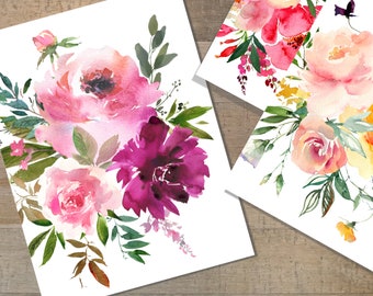 Flower Watercolor Notecards Stationery Set of 12 with Kraft or White Envelopes