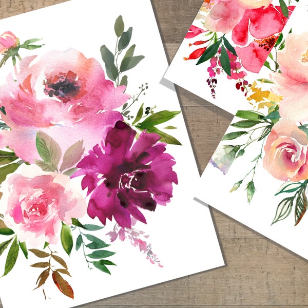 Flower Watercolor Notecards Stationery Set of 12 with Kraft or White Envelopes