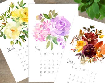 2026 Calendar Watercolor Floral Bouquet Available With or Without Black Display Easel 7&quot; x 4.5&quot; Desk or Wall Calendar