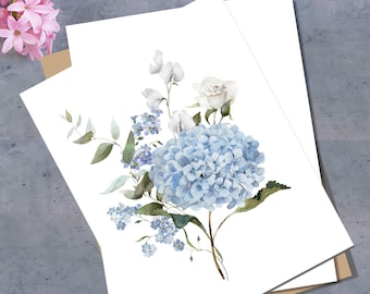 Watercolor Blue Hydrangea White Hydrangea Floral Stationery on White Textured Paper Set of 8 with White or Kraft Envelopes