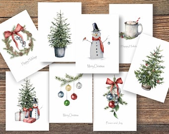 Watercolor Christmas Holiday Cards 8 Cards with Snowmen Wreaths Christmas Trees and Cocoa Printed White Paper with Kraft or White Envelopes