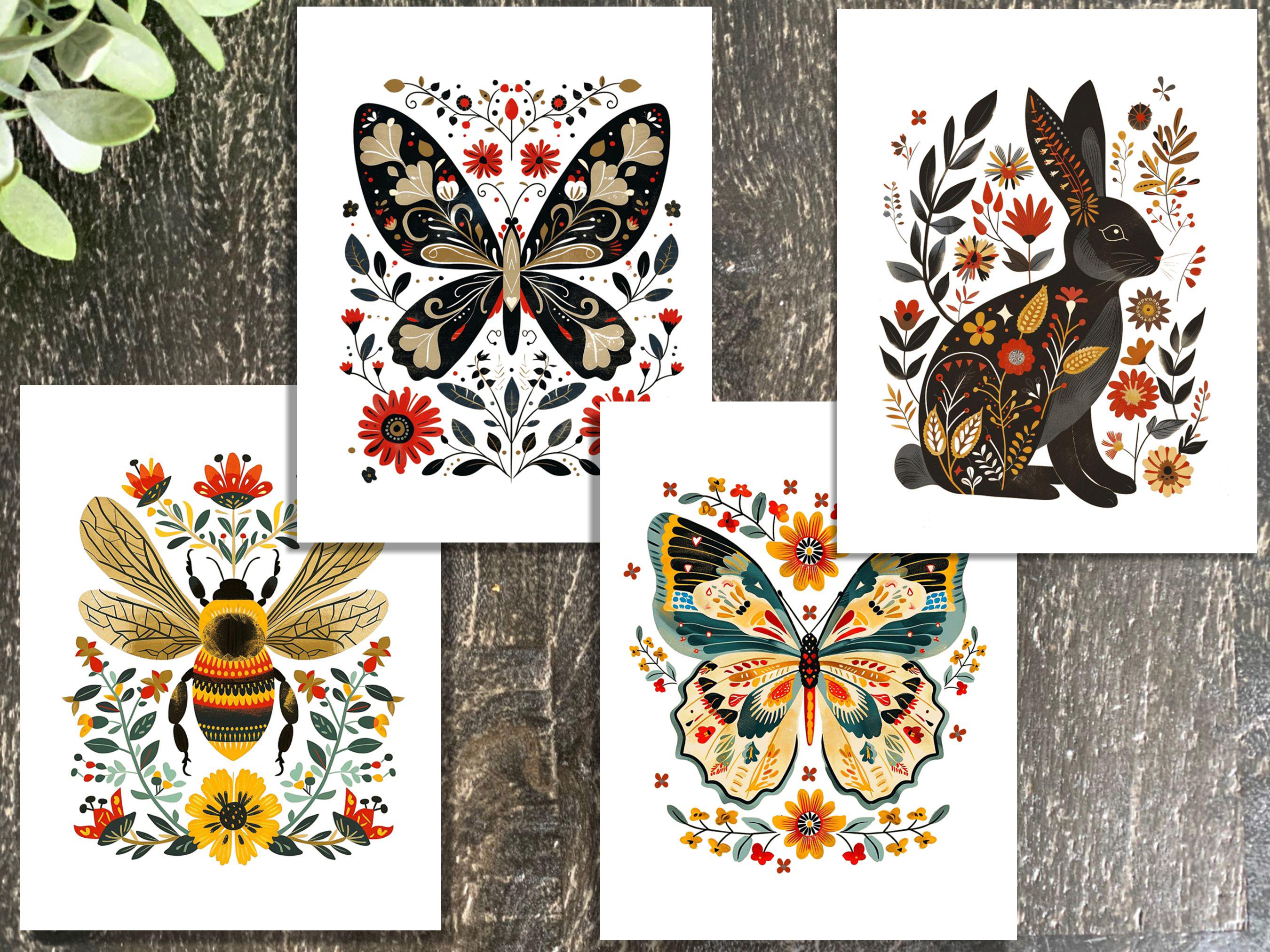 Modern Folk Art Butterfly Rabbit and Bee 8 Card Stationery Set with Envelopes and a Touch of Glitter.