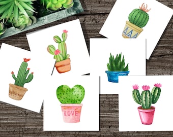 Cactus Succulent Watercolor Mini Note Cards 12 Folded Cards with White Envelopes 3&quot; x 3&quot; Cards on Heavy White Paper