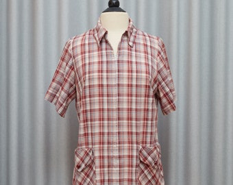 Front Zip Brown and Red Check Vintage Dress