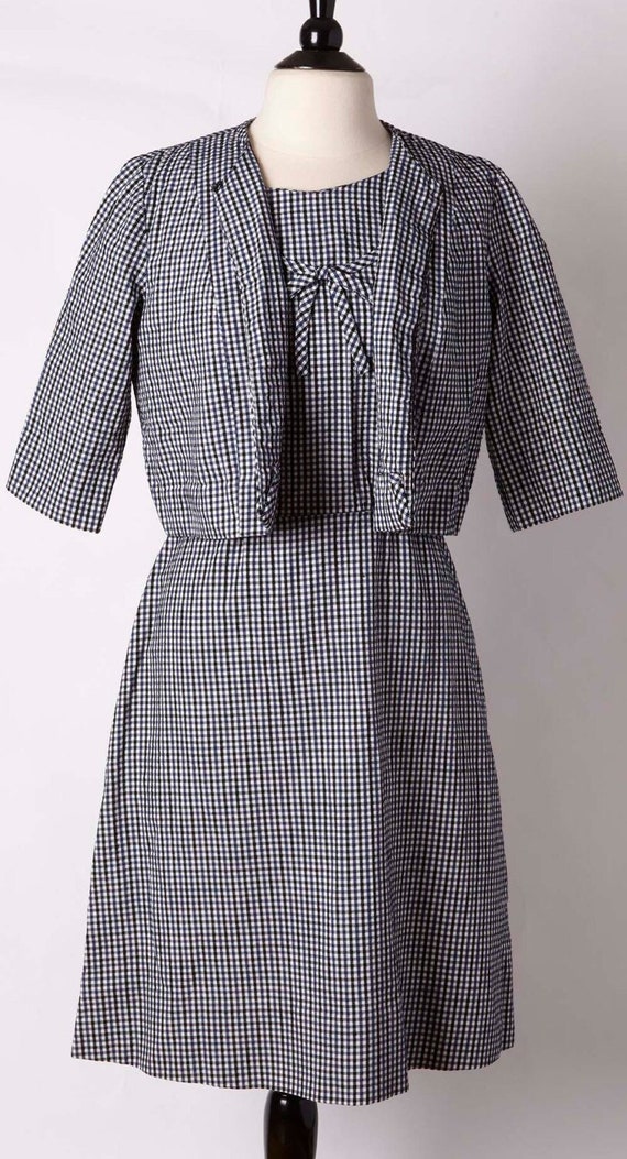 1960s gingham black blue white dress set. Townfie… - image 1