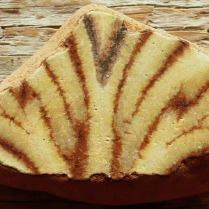 May include: A natural stone with a fan-like pattern. The stone has a light tan surface with dark brown, radiating stripes. The outer edges are reddish-brown, and the stone rests on a wooden surface.
