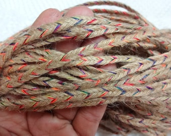 Indische Jute, Jutefäden, Jutegarn geflochten mit mehrfarbigen Fäden - Geflochtene Juteschnur - 350 Gramm