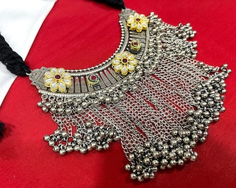 Set Di Gioielli Indiani Tradizionali Bohémien - Collana Con Ciondolo A Fiocco E Orecchini In Argento Anticato Ossidato, Regalo Etnico Per Donna, Festa E Cerimonia