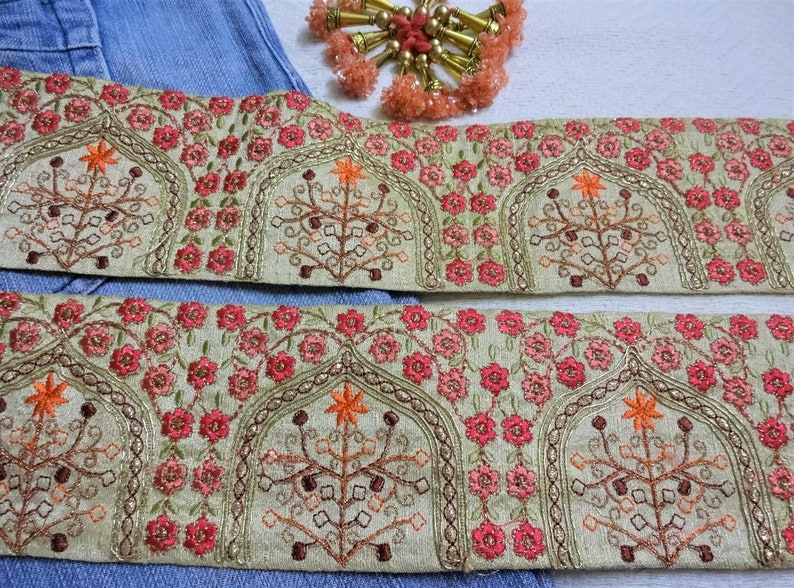 1 yard Indian Embroidered Trim,Craft Trim,Beige Decorative Ribbon,Floral Zari Trim,Sari Border,Wedding,Bridal,Designer Sewing Laces