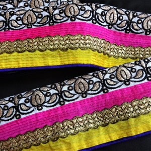 Renda indiana, guarnição bordada floral rosa, fita artesanal, borda de sari, guarnição de noiva, renda de tecido de costura, enfeite decorativo - 1 metro