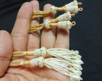 Adjustable Handmade Necklace Thread, Indian Necklace Jewelry Cord with Beaded Tassels, Zari Dori, Jewelry Supplies - 2 pcs Ivory