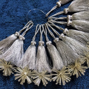 Indian Tassels, Mini Tassels, Craft Supplies, Beaded Tassels, Silver Zari Tassels, Decorative Charm Tassels, Latkans - set of 4