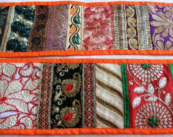 Indian Patch Embroidered Lace,Handmade Ethnic Trim,Sari Border,Broad Fabric Sewing Crafting Lace,Boho Zari Lace - one yard Orange AA