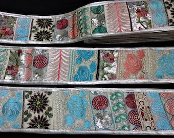Indian Patch Embroidered Lace,Handmade Trim,Sari Border,Broad Fabric Lace,Zari Ribbon,BOHO,Crafting Sewing Lace - silver 5