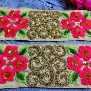 Dentelle indienne, trim, ruban décoratif beige de Zari, garniture florale, frontière de Sari, mariage, mariée, lacets de couture de concepteur -par mètre
