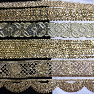 Recortes bordados indios, tela Zari cordones, bordes Sari, suministros de material de chatarra Boho Diario, cintas de artesanía decorativas - surtido de oro