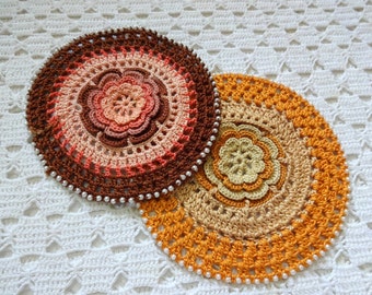 Crocheted Pair Of Dollies  In Brown And Orange -Handmade set of two