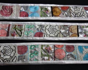 Indian Patch Embroidered Lace, Handmade Trim, Saree Border, Fabric Lace, Zari Lace - one yard patch work lace - silver 1