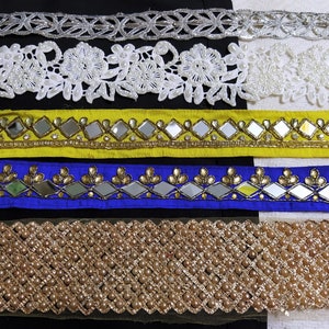 Indiase geborduurde trims, Stof Zari Veters, Sari Borders, Scrap Material Boho Journal Supplies, Decoratieve Craft Linten - Diverse