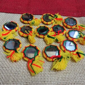 Appliques, Mirror Appliques, Kutch Hand Embroidered Appliques, Decorative Appliques, Woolen Tassels - Yellow 8 pcs