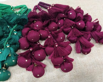 Indian Cotton Tassels, Embellishment, Long Tassels, Decorative Tassels, Fabric Ball Tassels, Sari Blouse Latkans - set of 2 Burgundy