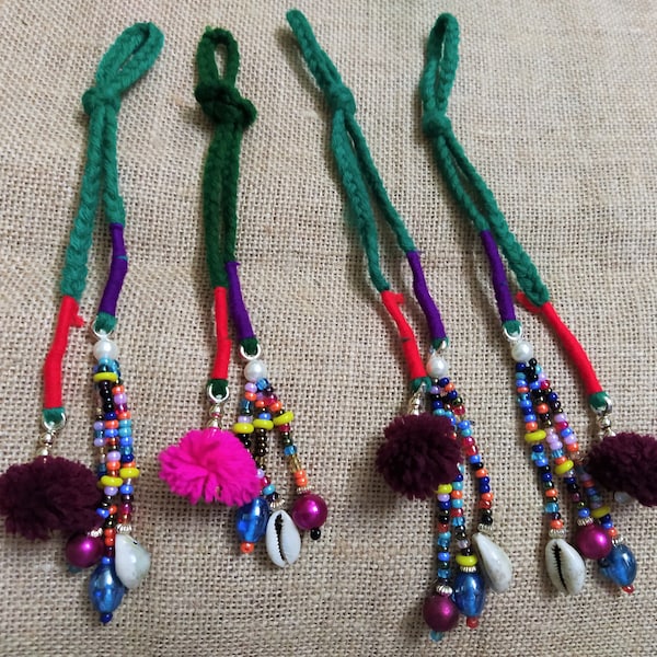 Handmade Woolen Tassels, Cowrie Pom Pom Camel Swag, BOHO Gypsy Decoration, Indian Tassels, Decorative Purse Charms, Craft Supplies - 4 pcs
