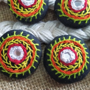 2 pc Fabric Covered Buttons, Decorative Buttons, Sew on Buttons with Mirrors, Kutch Embroidered Buttons - Large