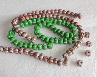 Handcrafted Polymer Pumpkin Shaped Clay Beads, Assorted Green and Silver Beads, Indian Beads, Jewelry Supplies -