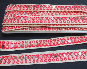 Indian Lace, Decorative Craft Trim, Fabric Lace, Craft Ribbon with Shisha Mirrors, Journal Embellishment, Sewing Supply - Red 6 yards