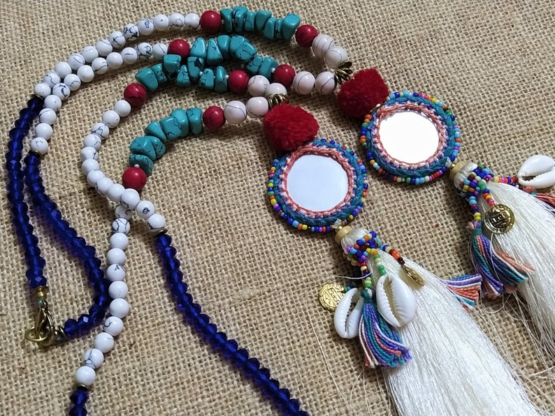 1 pc Mirror Necklace with Cowry Shell Beaded Ethnic Necklace Indian Tassel Necklace with Gemstone Beads Boho gypsy Necklace
