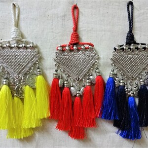 Ethnic pendant, Jewelry Supplies, Metal Pendant with Silk Tassels, Necklace Pendant, Tassel Pendant, Metal Charm Pendant - 1 pc Royal Blue