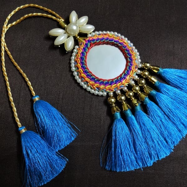 1 pc Large Mirror Tassel, Indian Tassel, Purse & Handbag Decoration, Banjara Tassel, Necklace Pendant,  BOHO Decoration - Blue