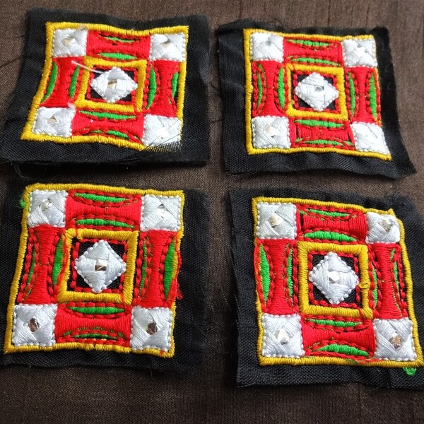 Kutch Embroidered Multi Colored Square Ethnic Sew On Patches, Fabric Embroidered Appliques - set of four