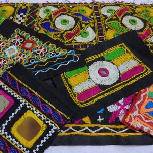 Kutch Hand Embroidered Multi Colored Ethnic Sew on Patch with Mirrors Indian Kutch Appliques Tribal Boho Sewing Supply - Assorted