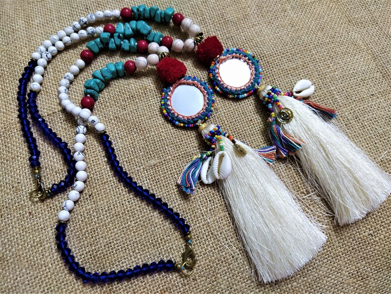 1 pc Mirror Necklace with Cowry Shell Beaded Ethnic Necklace Indian Tassel Necklace with Gemstone Beads Boho gypsy Necklace